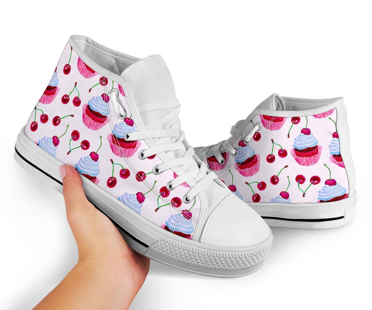 Cupcake Cherry Pattern Print Men Women's High Top Shoes-grizzshop