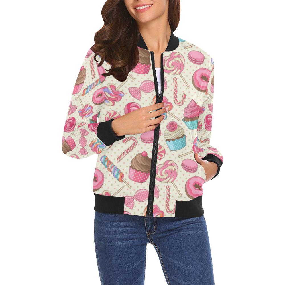 Cupcake Dessert Pattern Print Women Casual Bomber Jacket-grizzshop