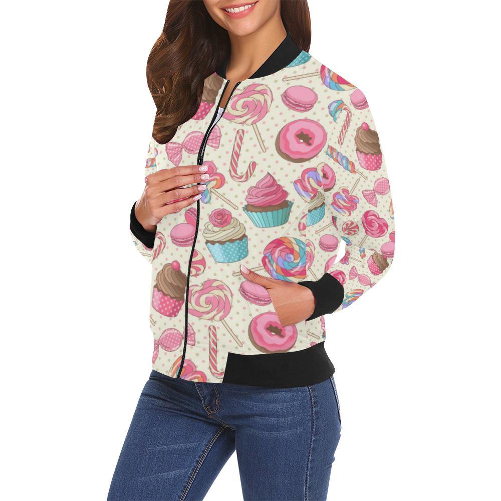 Cupcake Dessert Pattern Print Women Casual Bomber Jacket-grizzshop