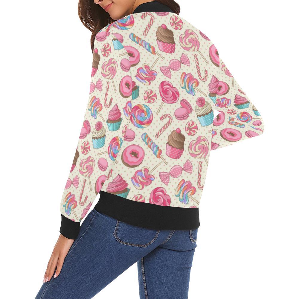 Cupcake Dessert Pattern Print Women Casual Bomber Jacket-grizzshop