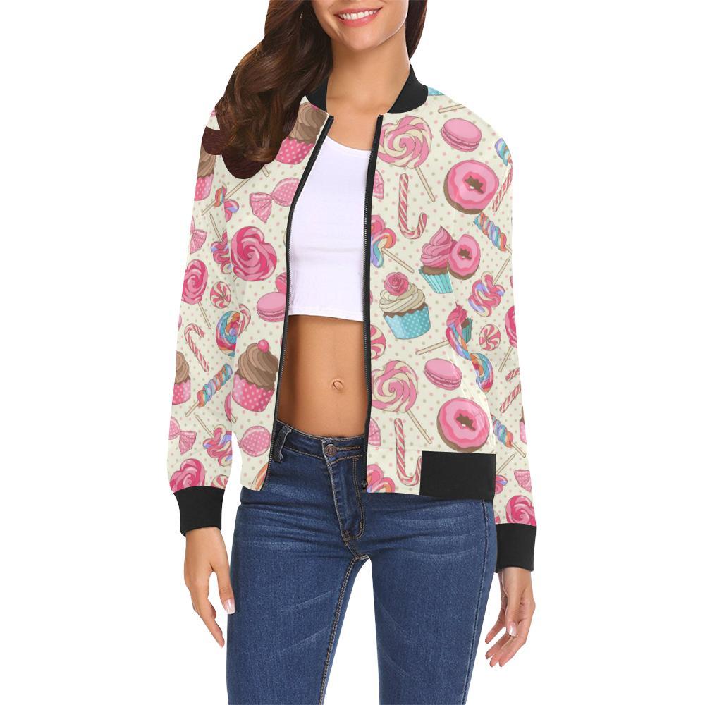 Cupcake Dessert Pattern Print Women Casual Bomber Jacket-grizzshop