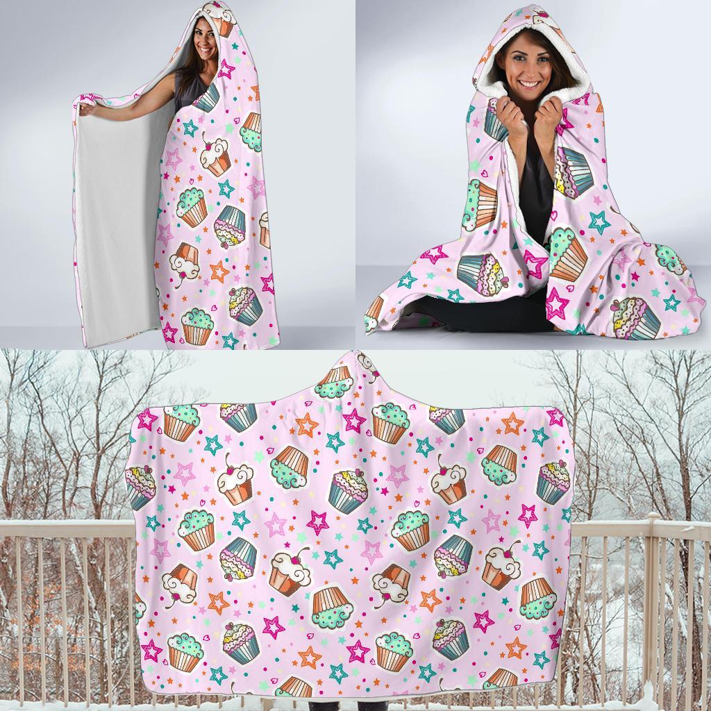 Cupcake Pattern Print Hooded Blanket-grizzshop