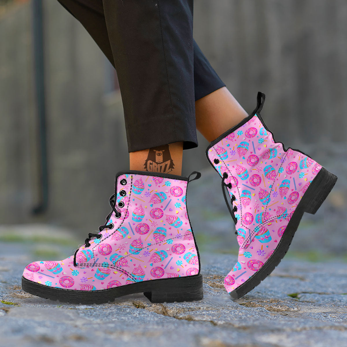 Cupcake Pink Print Pattern Leather Boots-grizzshop
