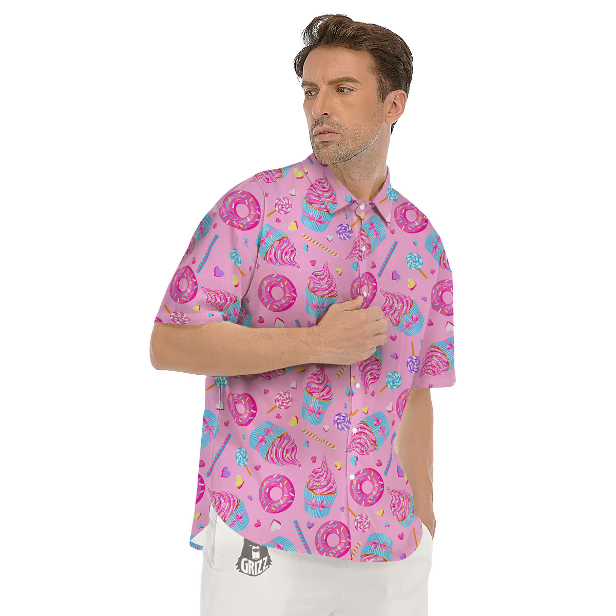 Cupcake Pink Print Pattern Men's Short Sleeve Shirts-grizzshop