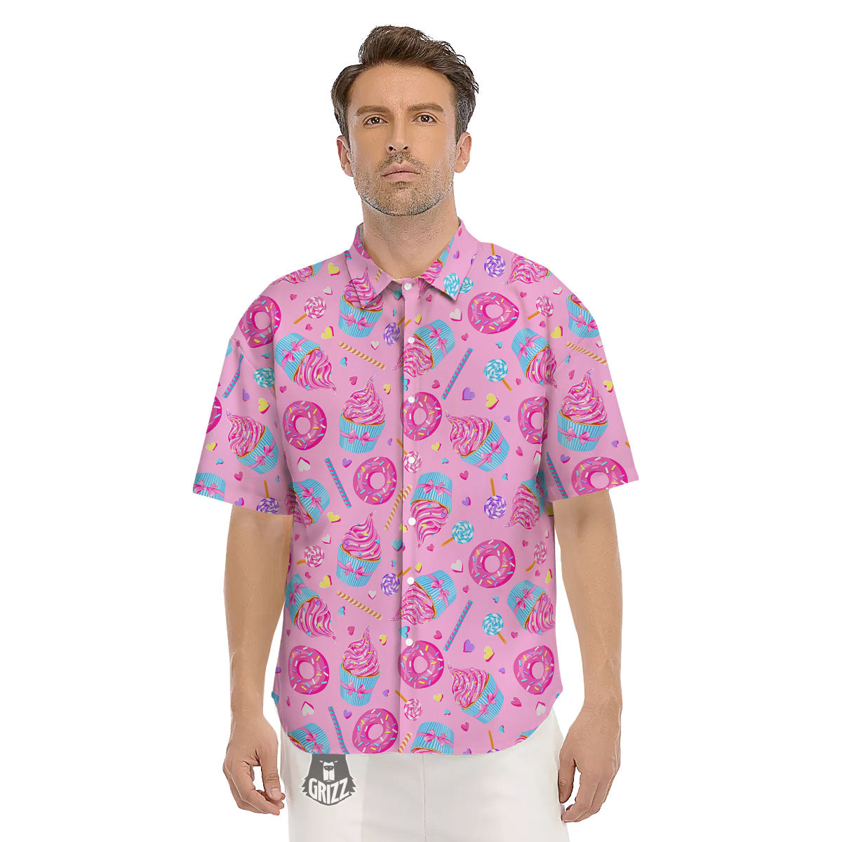 Cupcake Pink Print Pattern Men's Short Sleeve Shirts-grizzshop