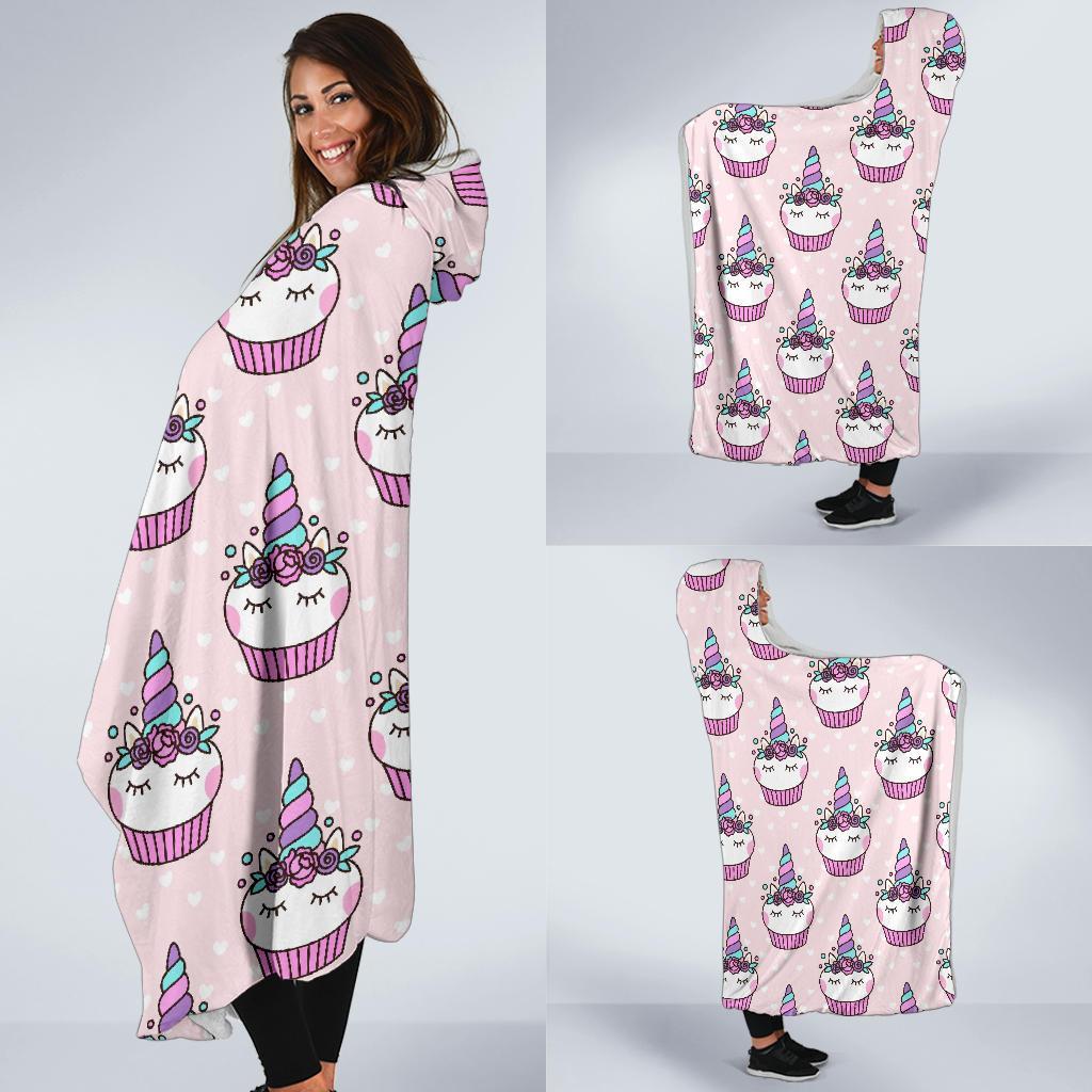 Cupcake Unicorn Pattern Print Hooded Blanket-grizzshop