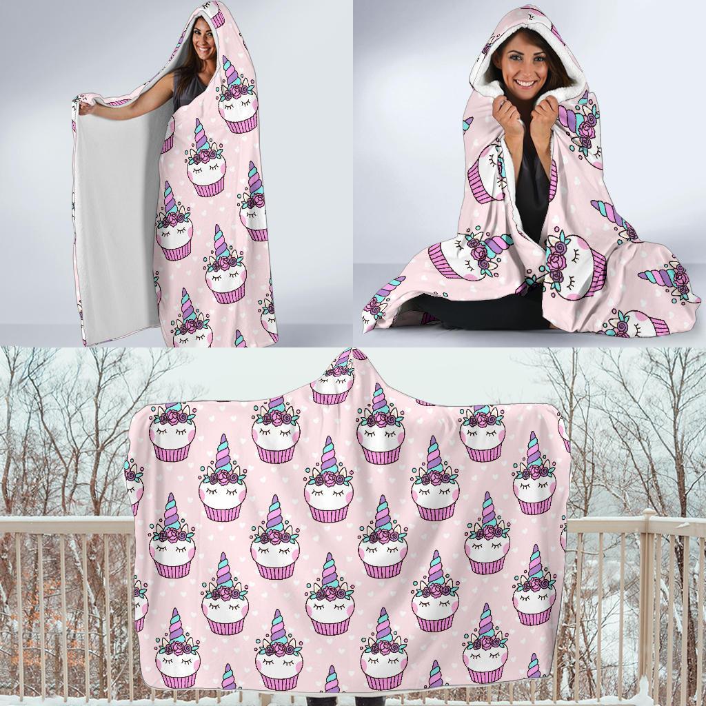 Cupcake Unicorn Pattern Print Hooded Blanket-grizzshop