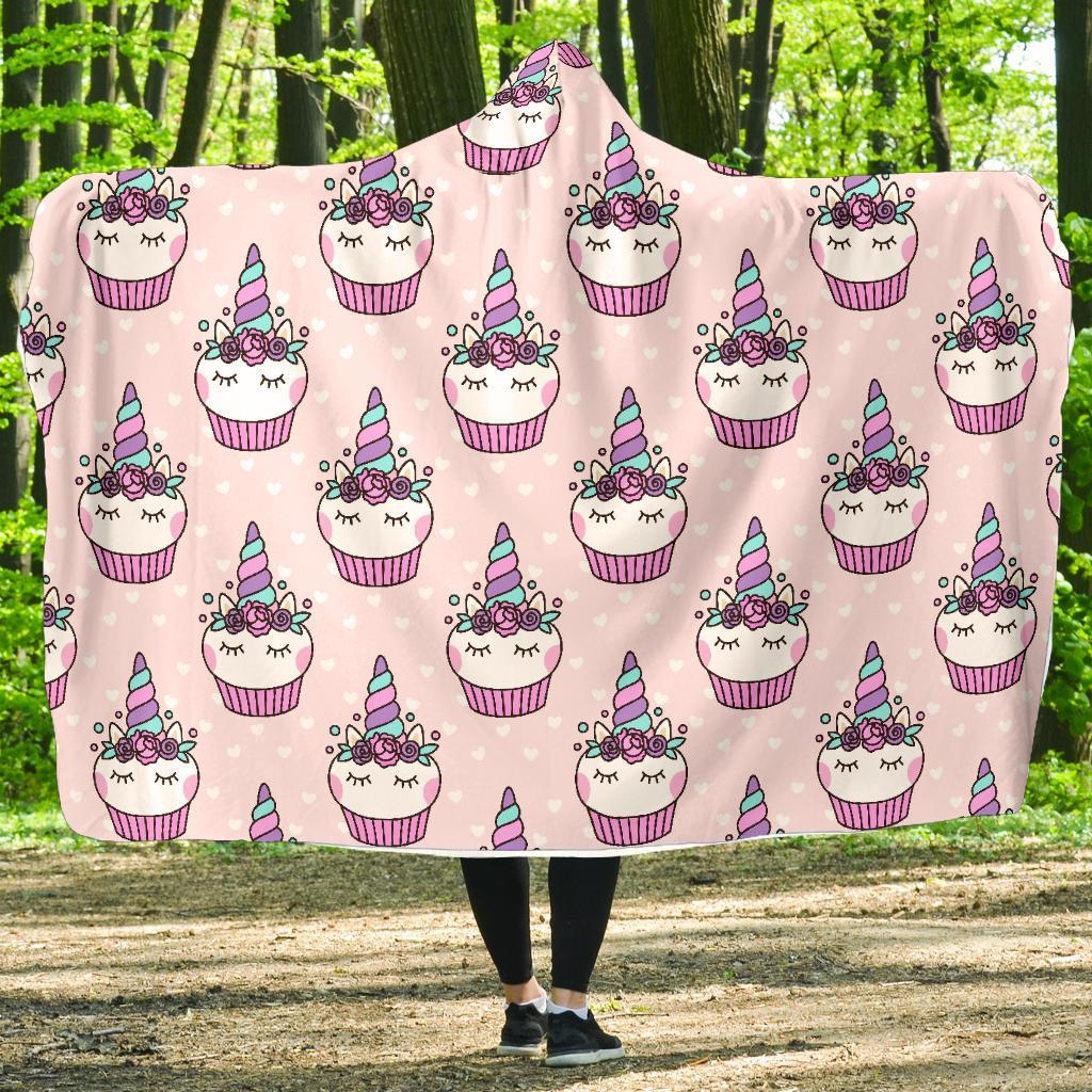 Cupcake Unicorn Pattern Print Hooded Blanket-grizzshop