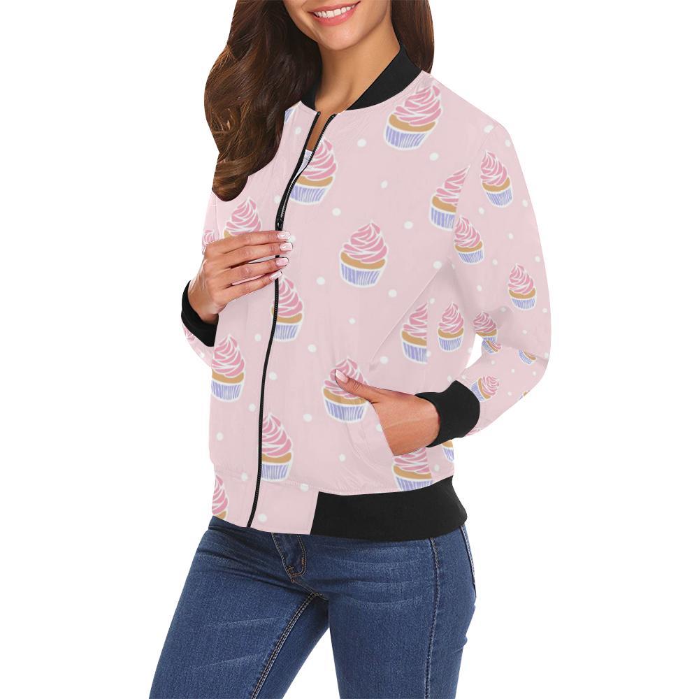 Cupcake Polka Dot Pattern Print Women Casual Bomber Jacket-grizzshop