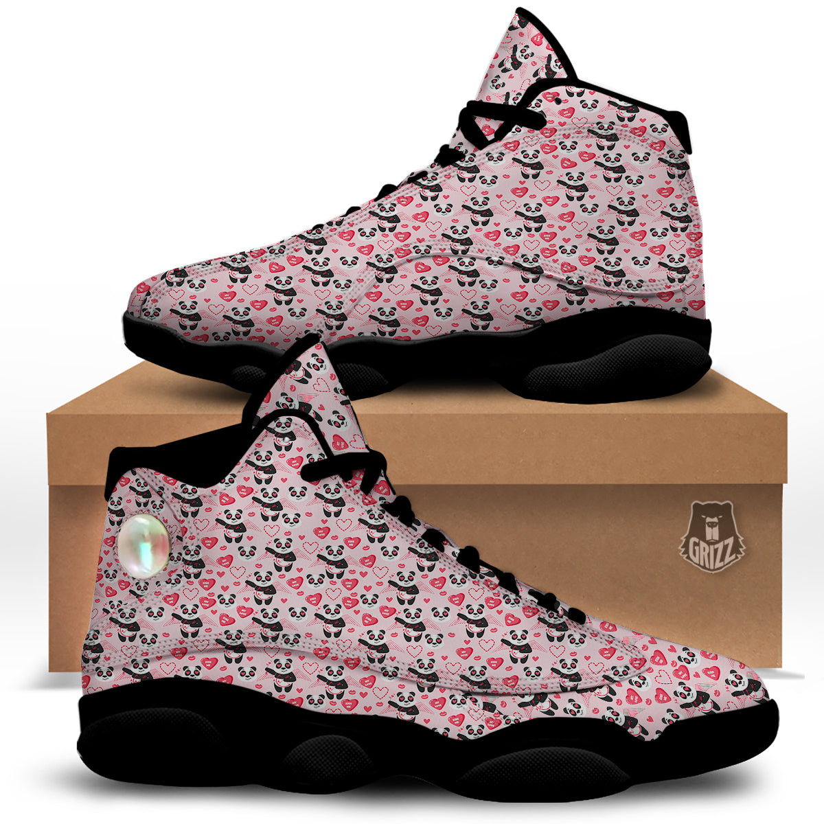 Cupid Valentine Cute Panda Print Pattern Black Basketball Shoes-grizzshop