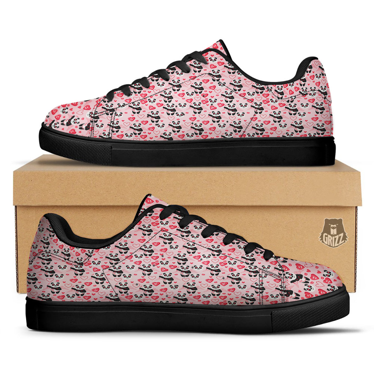 Cupid Valentine Cute Panda Print Pattern Black Low Top Sneakers-grizzshop