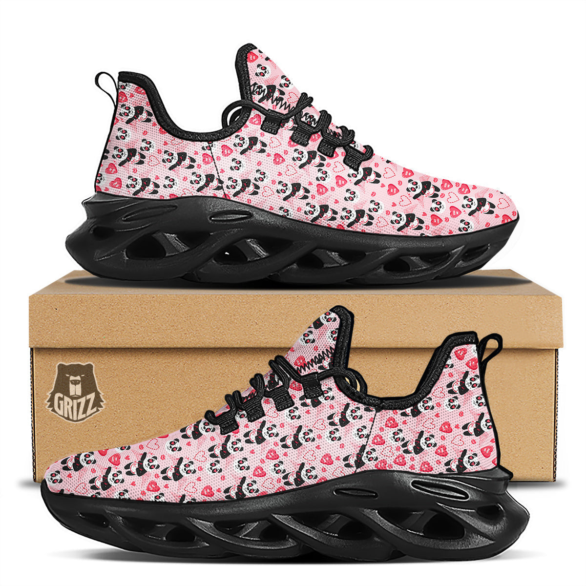 Cupid Valentine Cute Panda Print Pattern Black Running Shoes-grizzshop