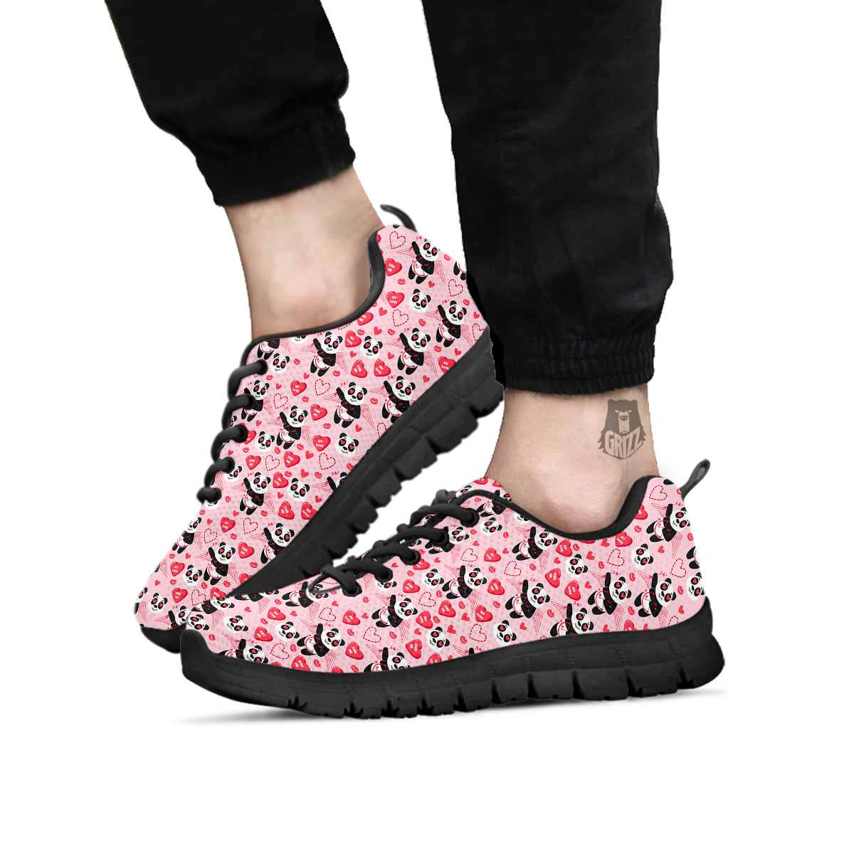 Cupid Valentine Cute Panda Print Pattern Black Sneaker-grizzshop