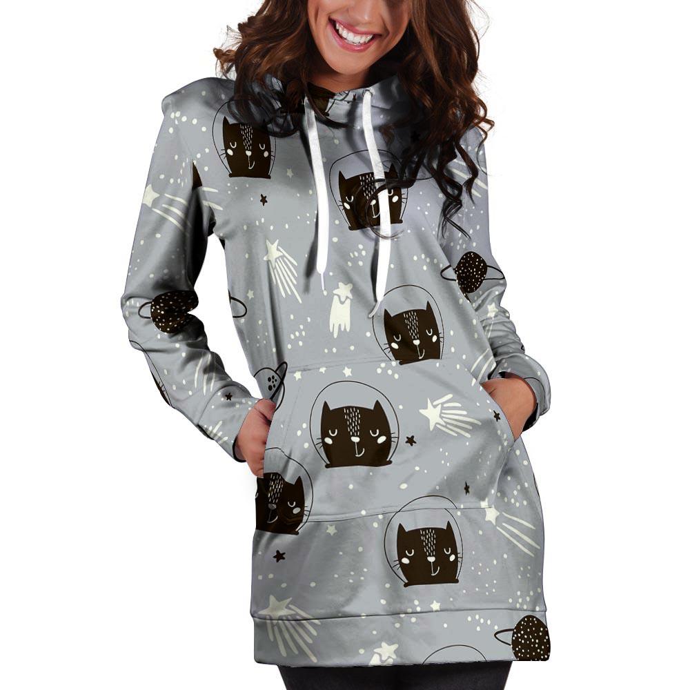 Cute Astronaut Cat Print Hoodie Dress-grizzshop