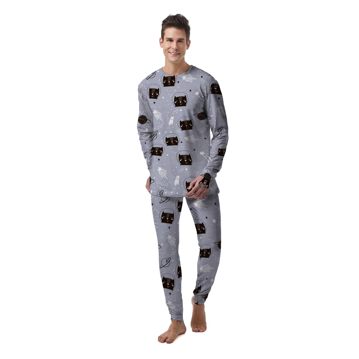 Cute Astronaut Cat Print Men's Pajamas-grizzshop