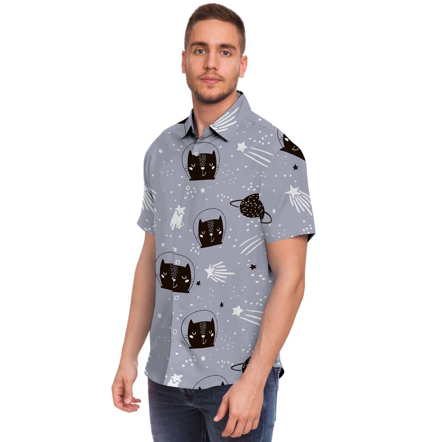 Cute Astronaut Cat Print Men's Short Sleeve Shirt-grizzshop