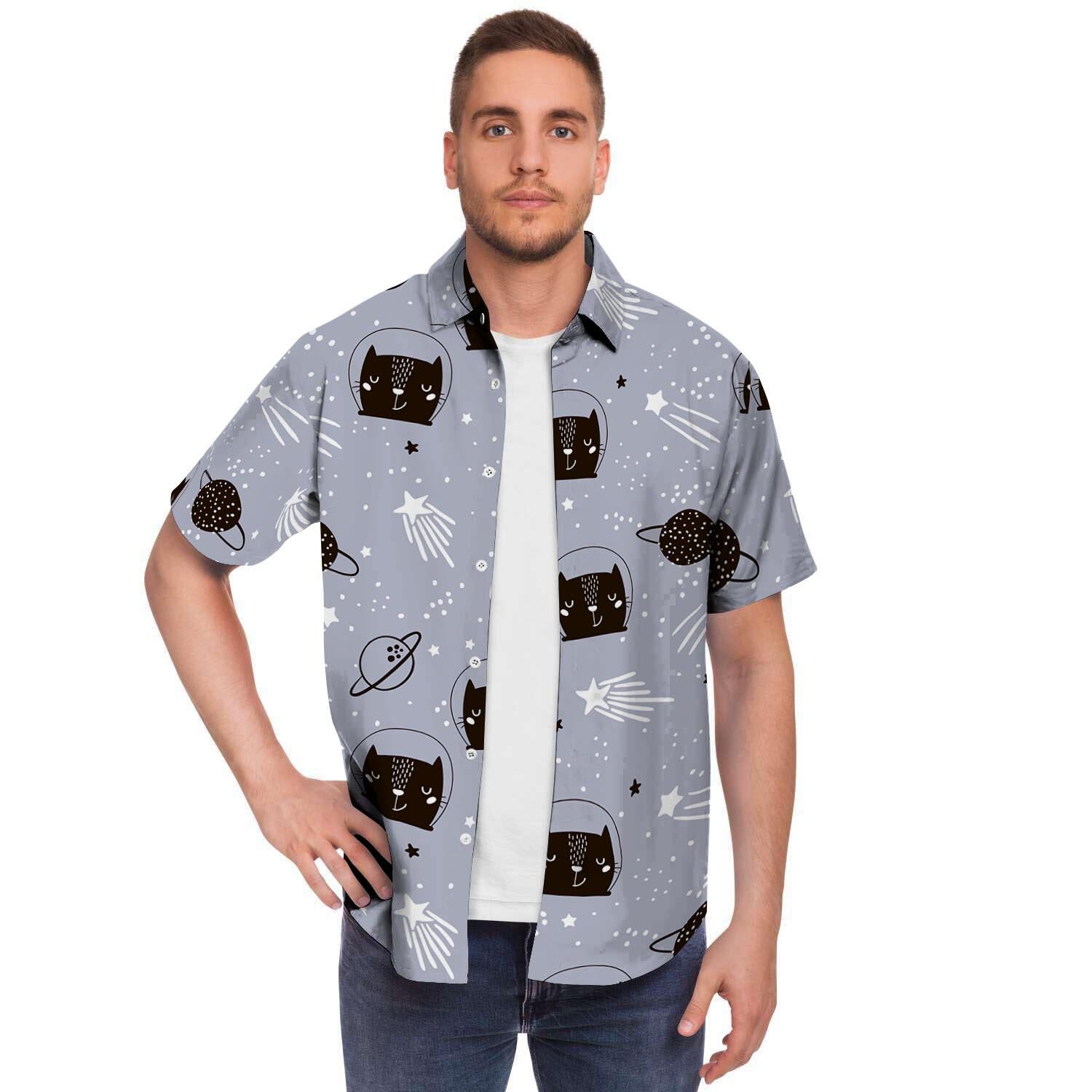 Cute Astronaut Cat Print Men's Short Sleeve Shirt-grizzshop