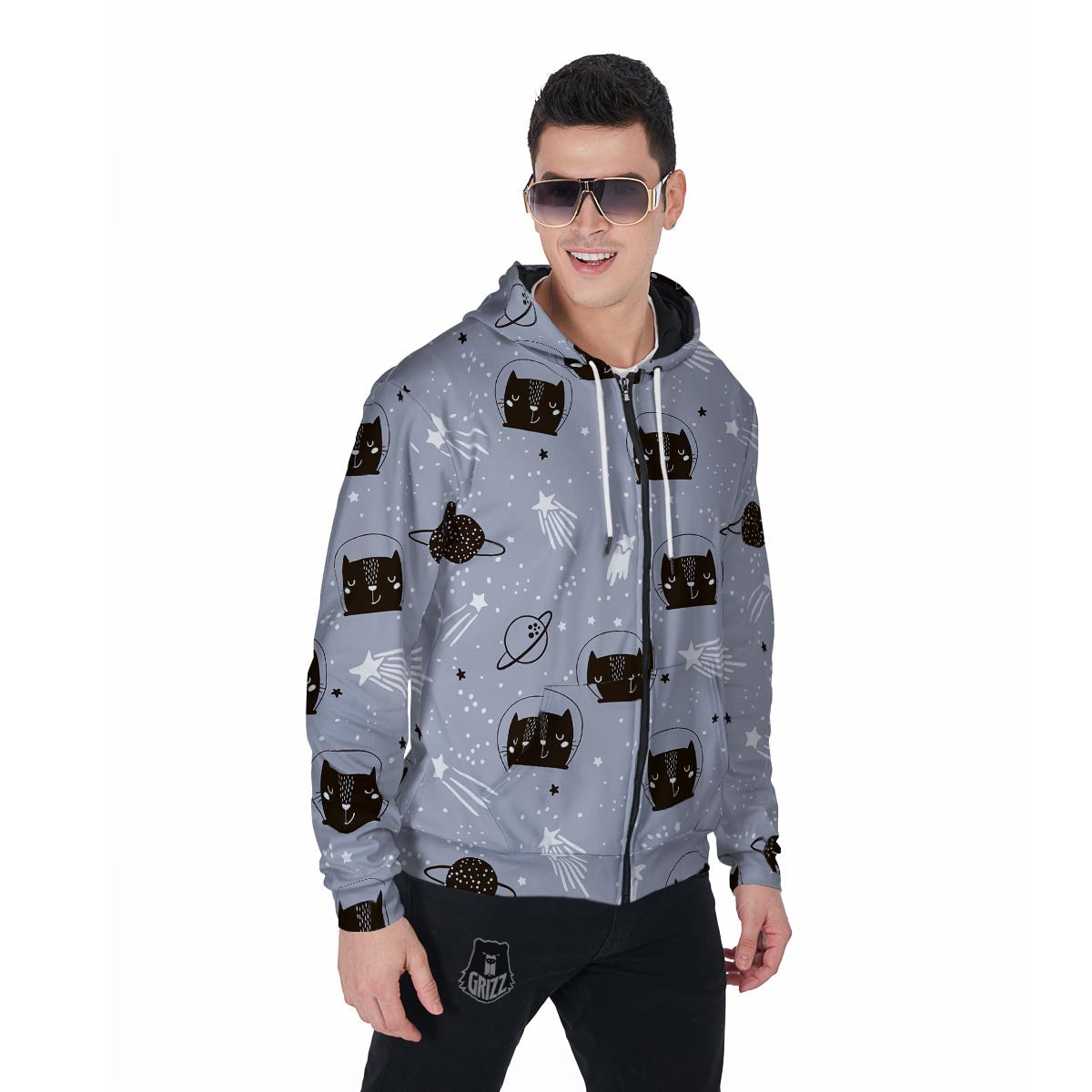 Cute Astronaut Cat Print Men's Zip Up Hoodie-grizzshop