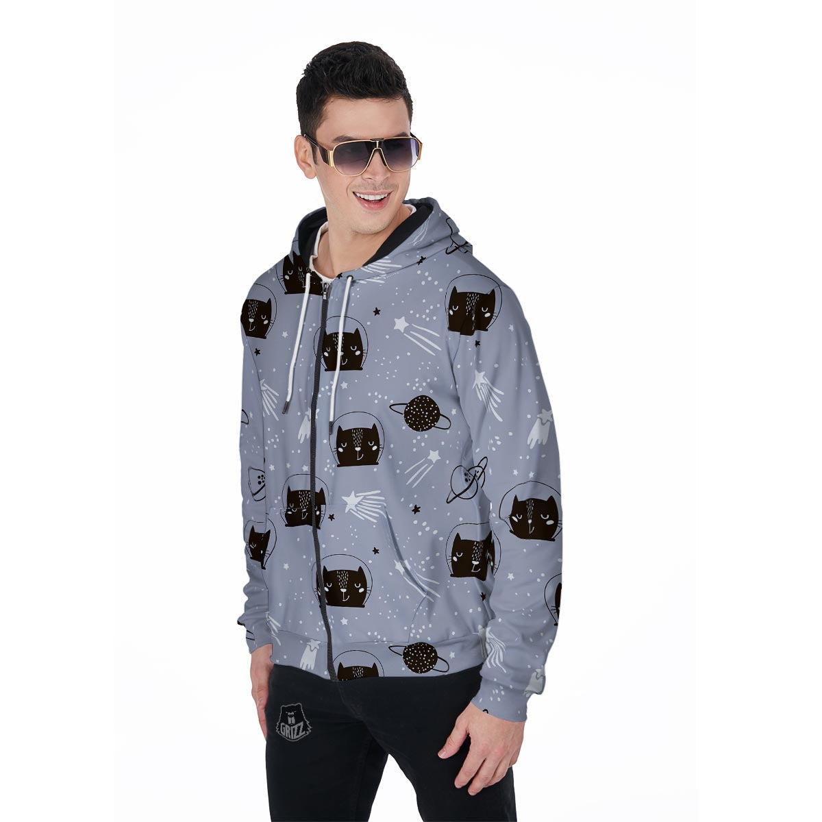 Cute Astronaut Cat Print Men's Zip Up Hoodie-grizzshop