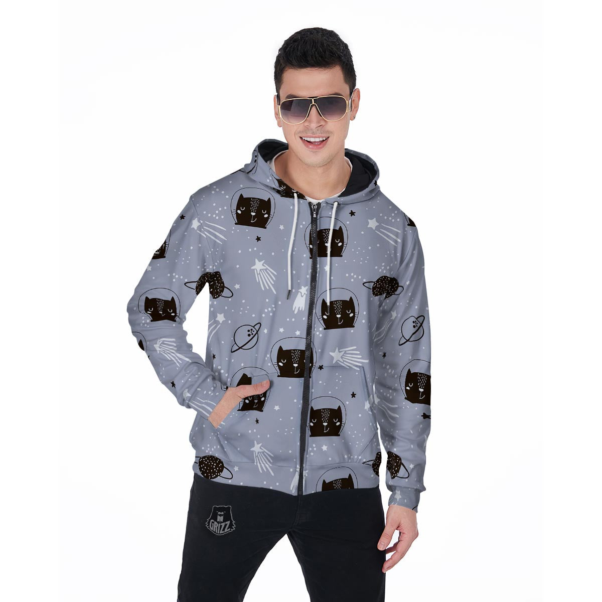 Cute Astronaut Cat Print Men's Zip Up Hoodie-grizzshop