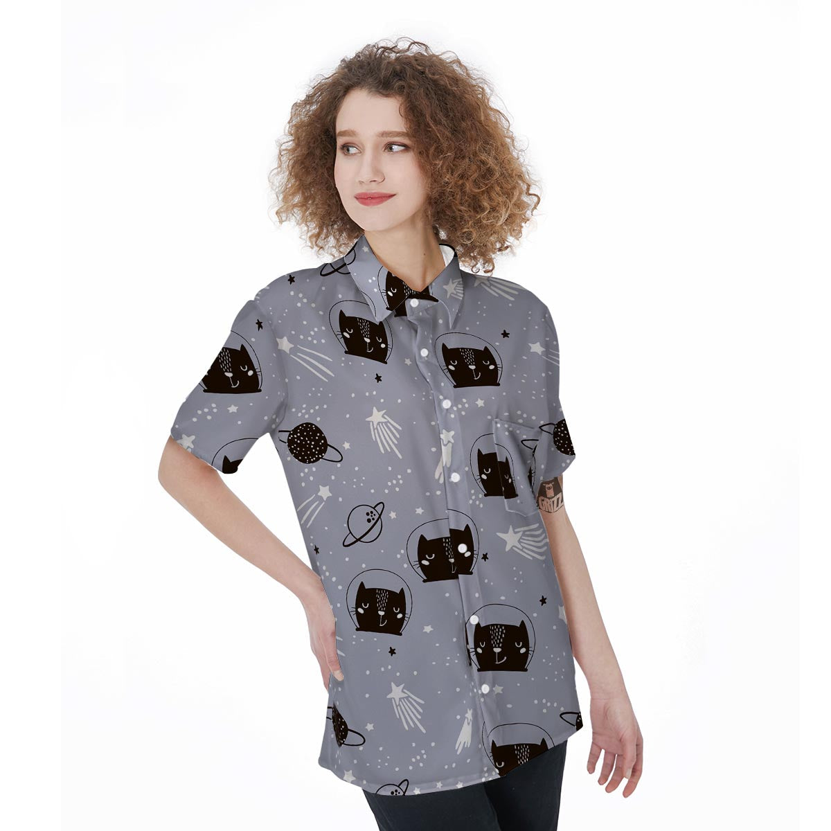 Cute Astronaut Cat Print Women's Short Sleeve Shirts-grizzshop