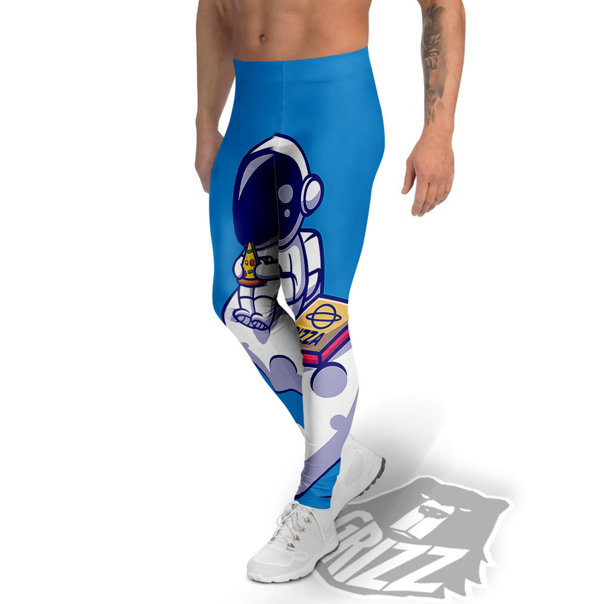 Cute Astronaut Eating Pizza Print Men's Leggings-grizzshop