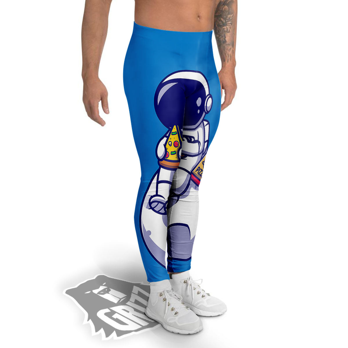 Cute Astronaut Eating Pizza Print Men's Leggings-grizzshop