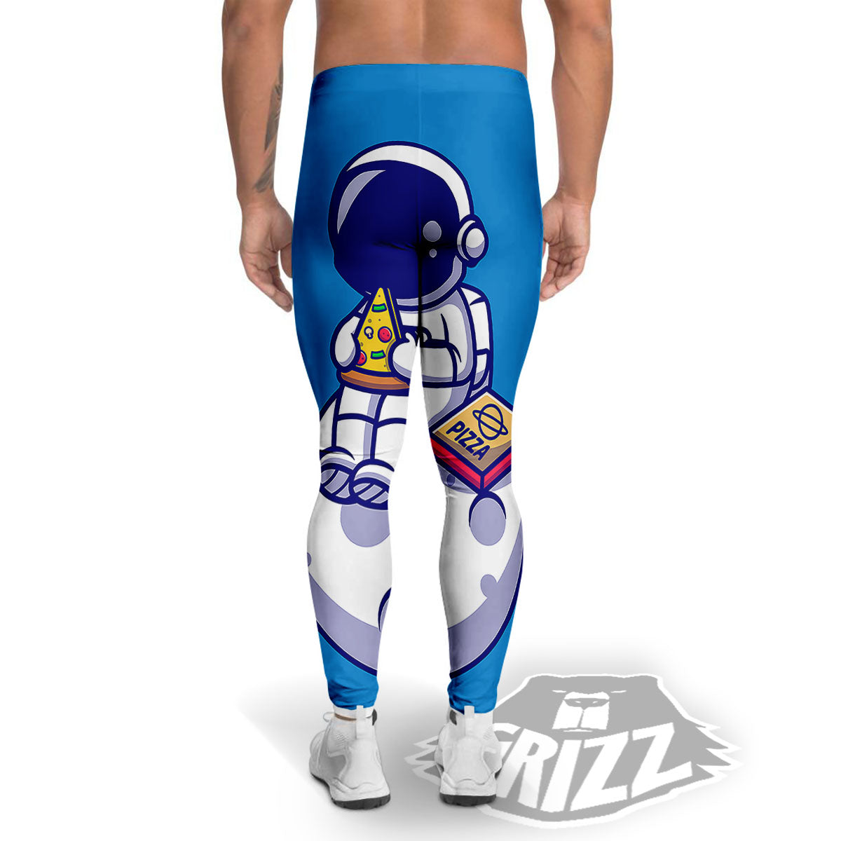 Cute Astronaut Eating Pizza Print Men's Leggings-grizzshop