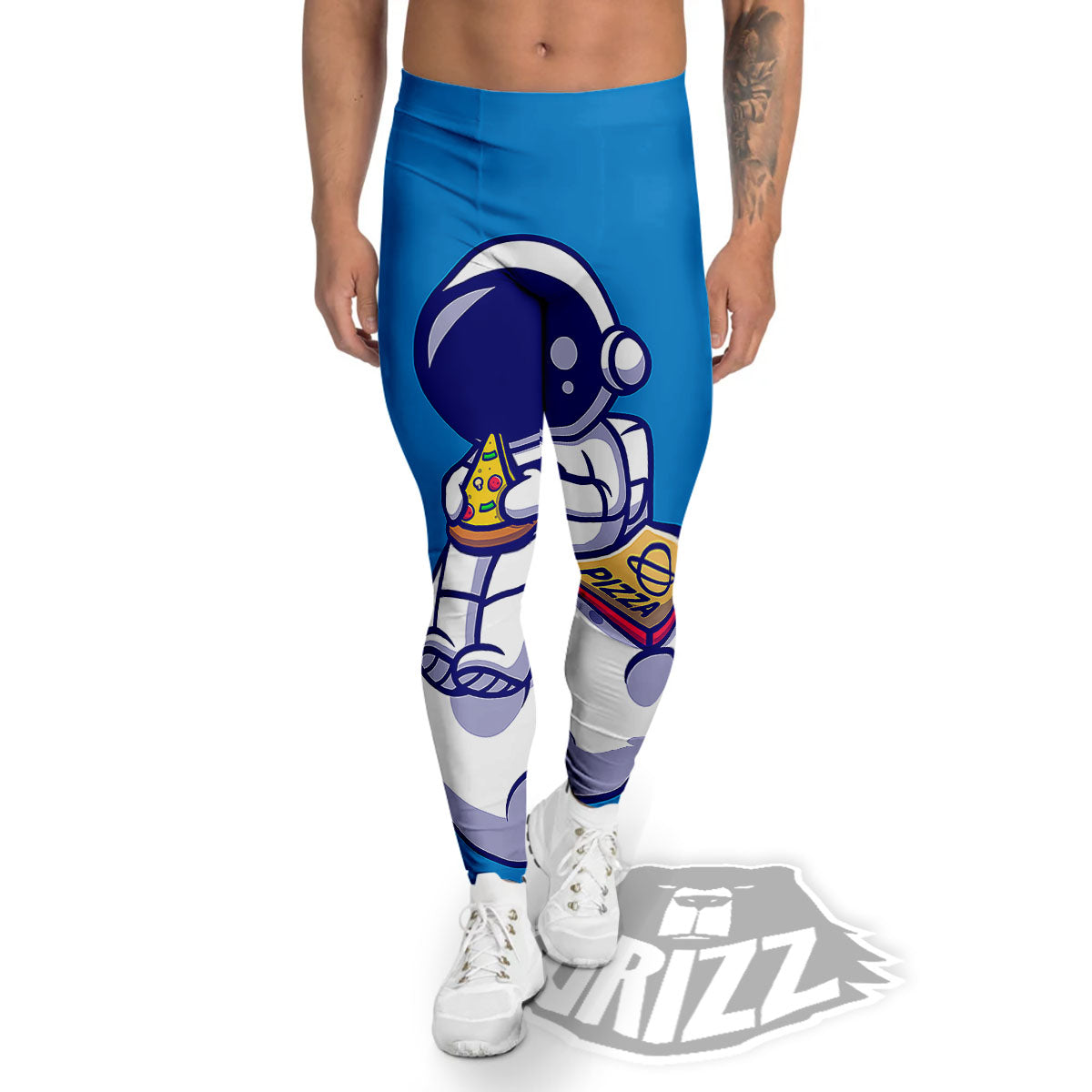Cute Astronaut Eating Pizza Print Men's Leggings-grizzshop