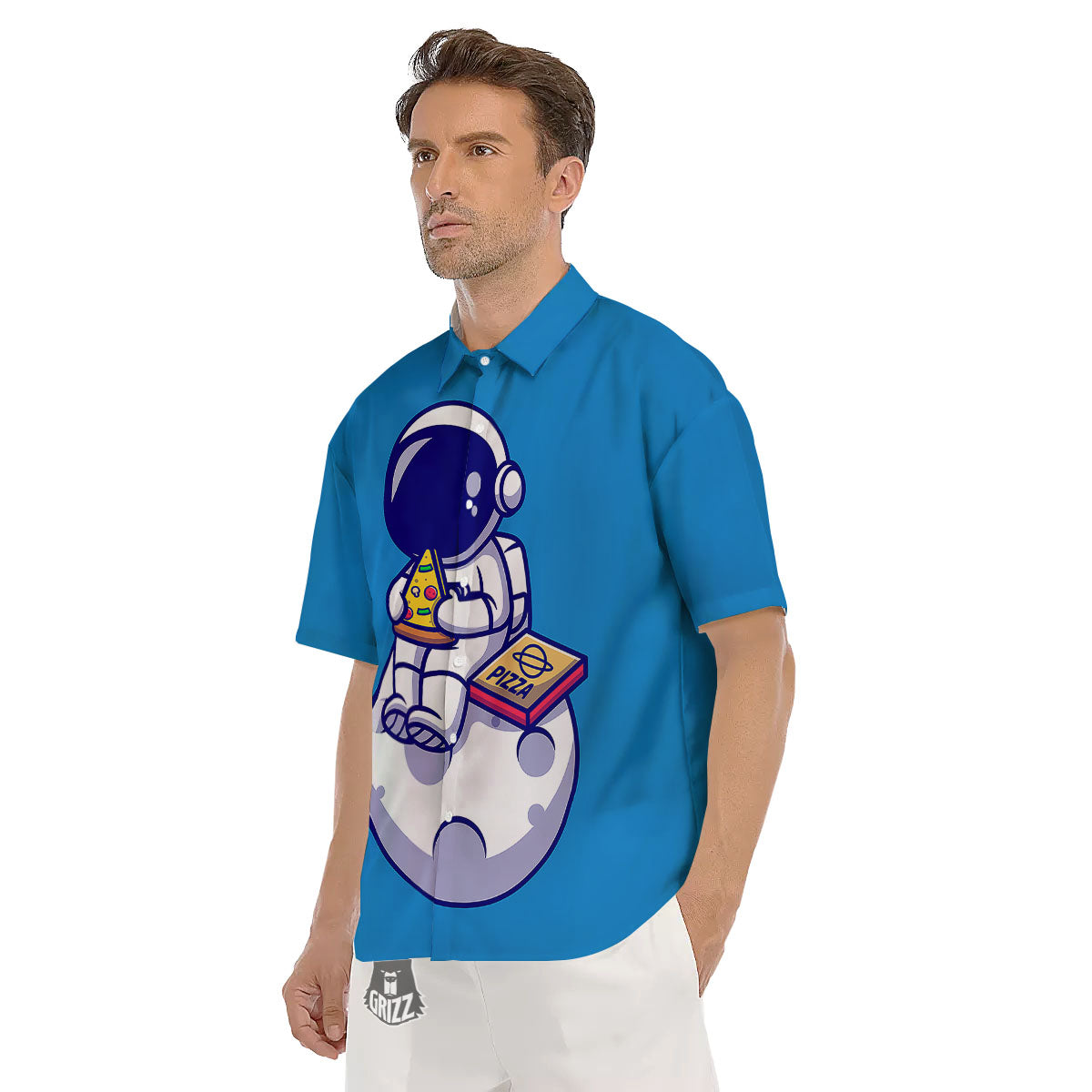 Cute Astronaut Eating Pizza Print Men's Short Sleeve Shirts-grizzshop