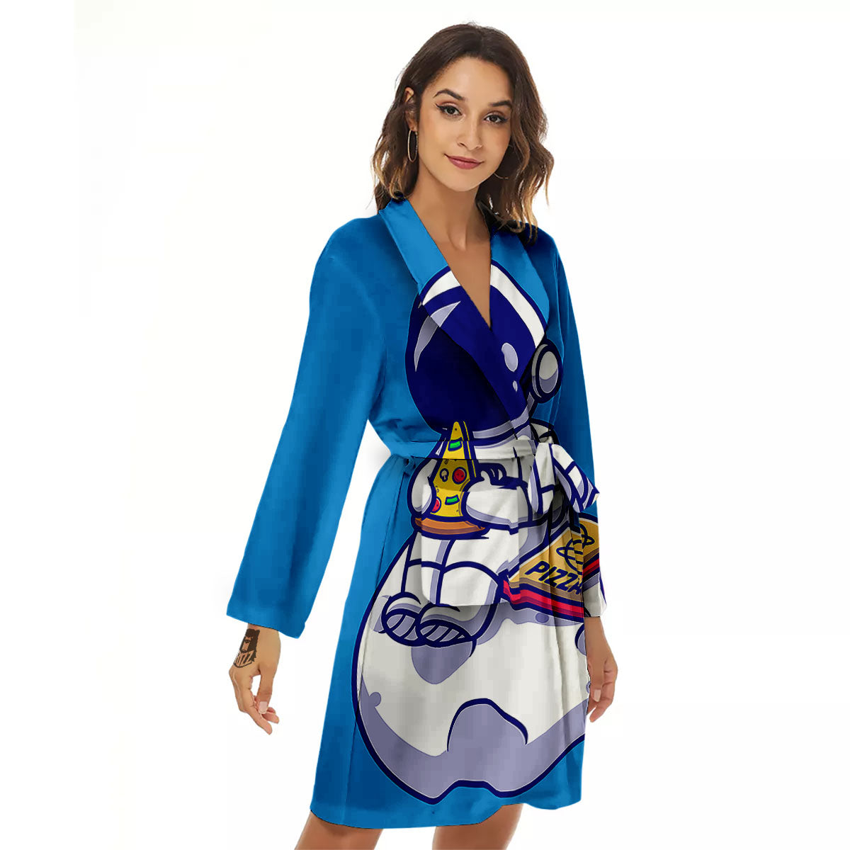 Cute Astronaut Eating Pizza Print Women's Robe-grizzshop