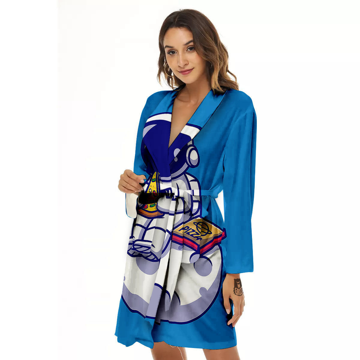 Cute Astronaut Eating Pizza Print Women's Robe-grizzshop