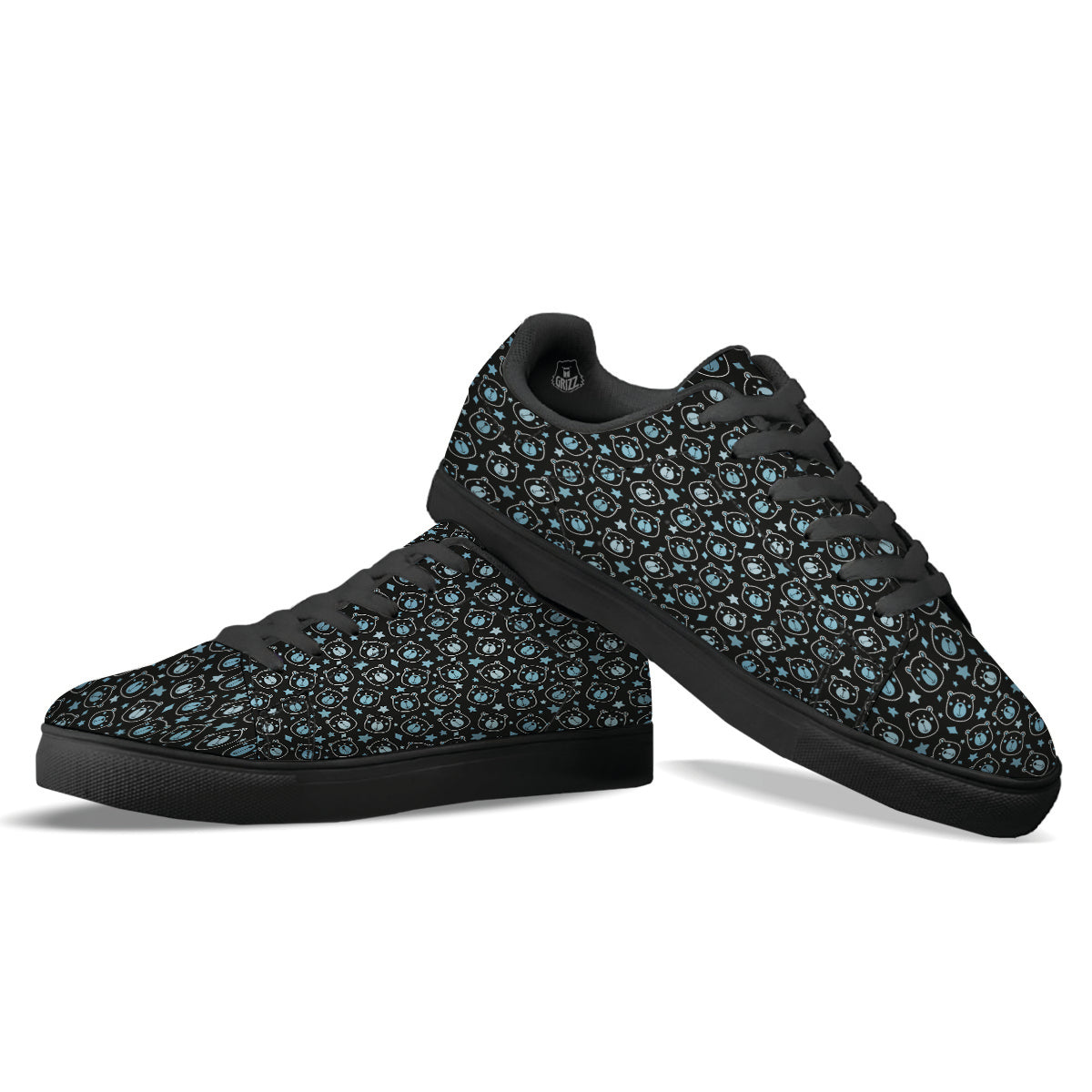 Cute Bear Black Print Pattern Black Low Top Sneakers-grizzshop