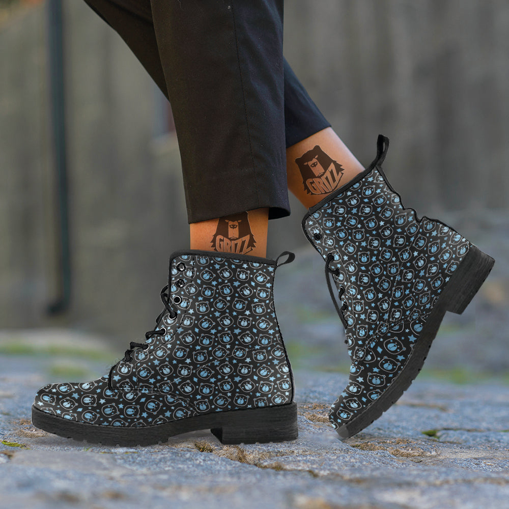 Cute Bear Black Print Pattern Leather Boots-grizzshop