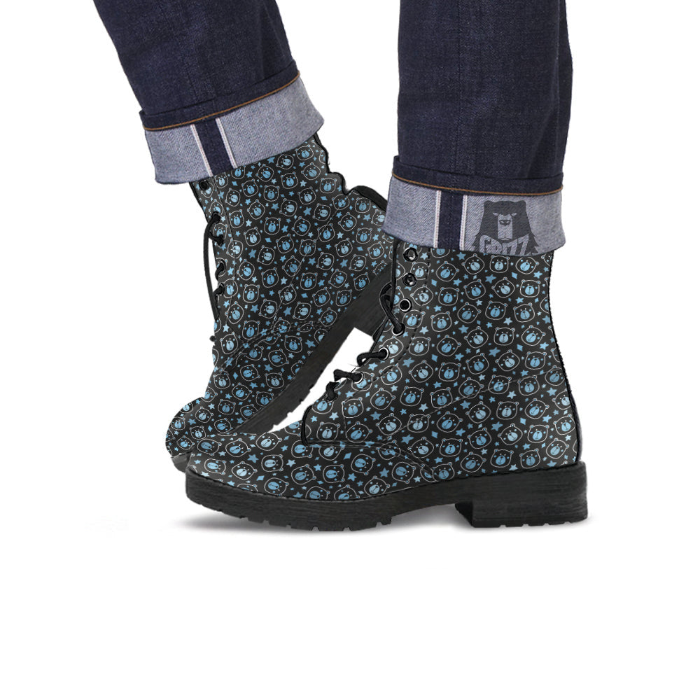 Cute Bear Black Print Pattern Leather Boots-grizzshop
