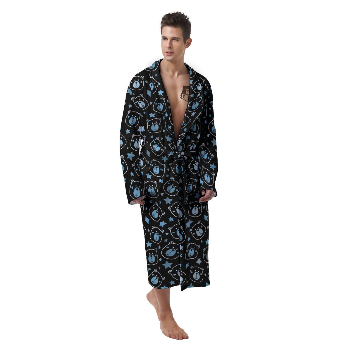 Cute Bear Black Print Pattern Men's Robe-grizzshop