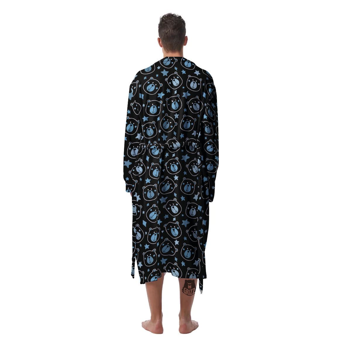 Cute Bear Black Print Pattern Men's Robe-grizzshop