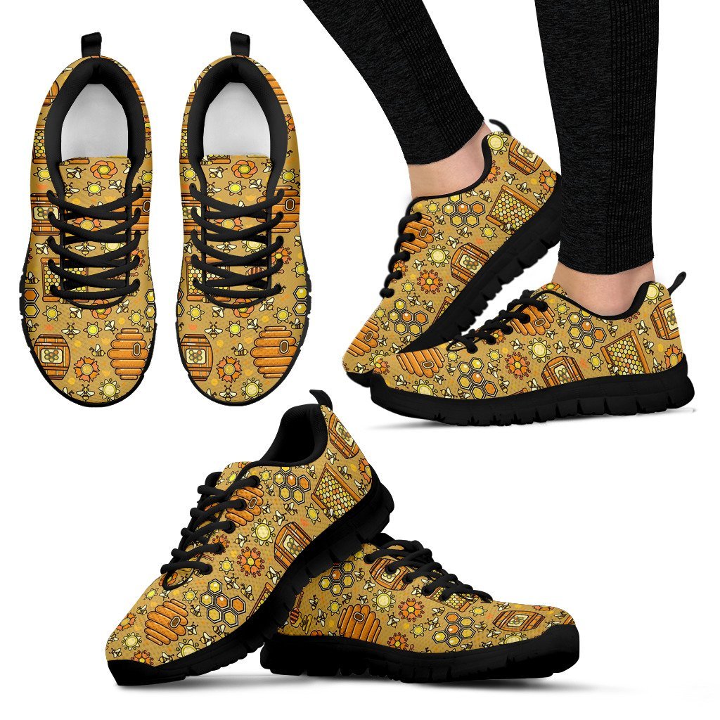 Cute Bee Honey Gifts Pattern Print Black Sneaker Shoes For Men Women-grizzshop