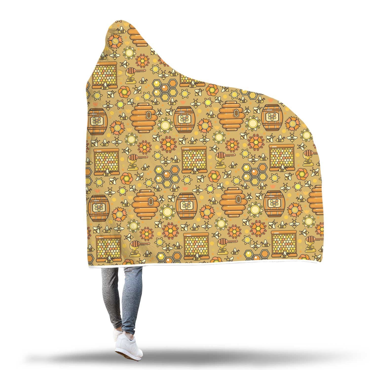 Cute Bee Honey Gifts Pattern Print Hooded Blanket-grizzshop