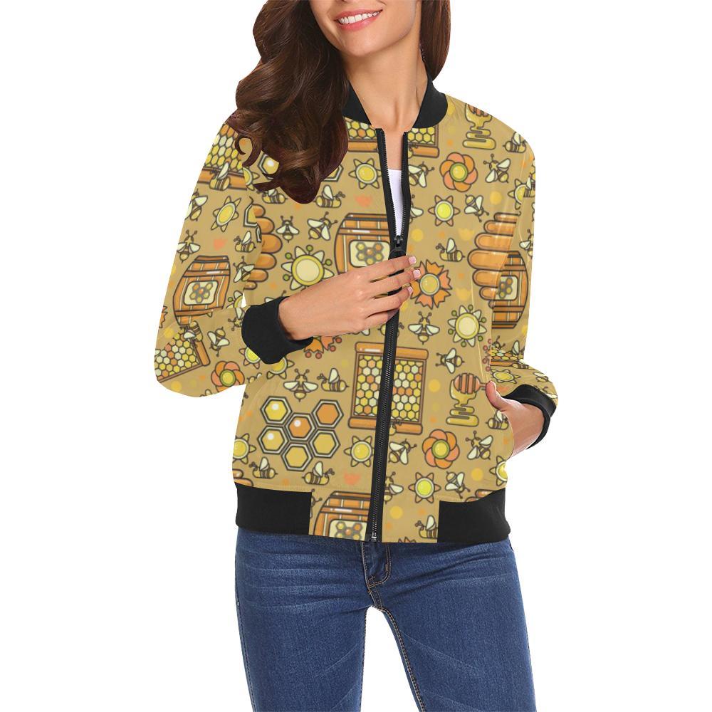 Cute Bee Honey Gifts Pattern Print Women Casual Bomber Jacket-grizzshop