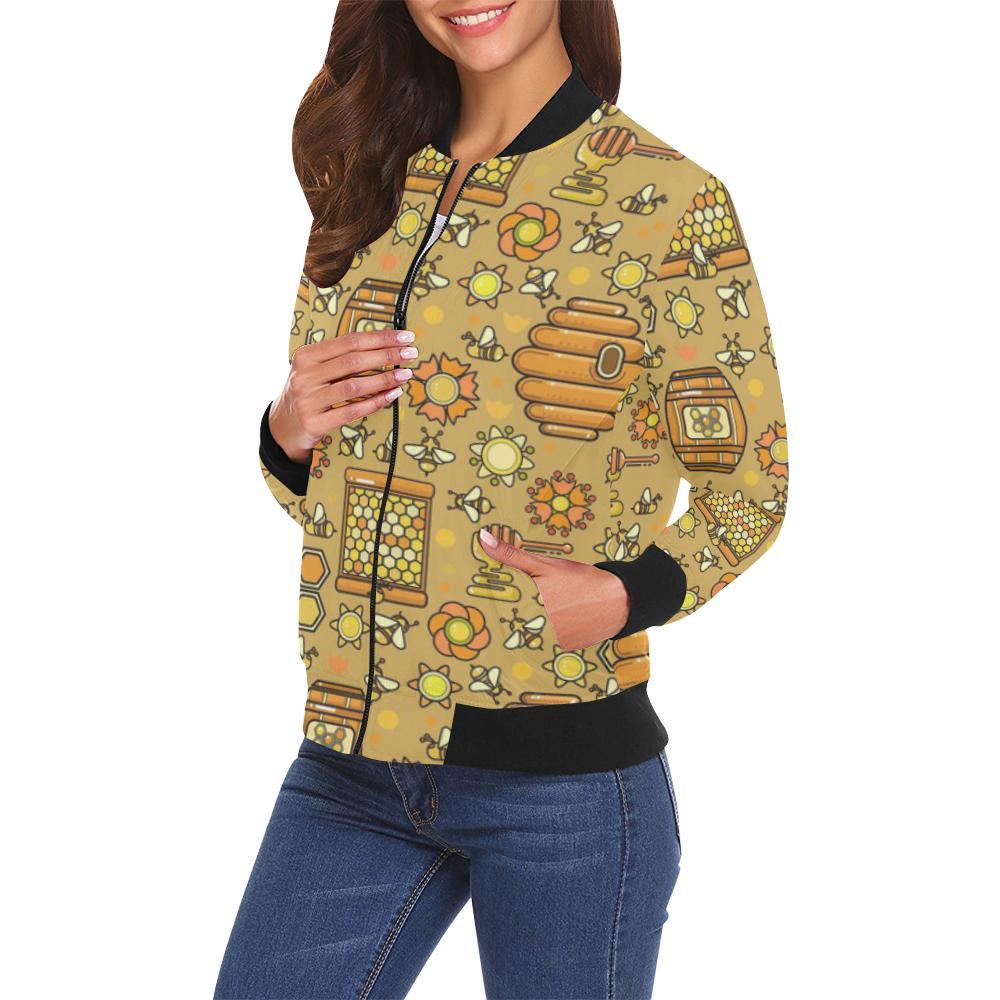 Cute Bee Honey Gifts Pattern Print Women Casual Bomber Jacket-grizzshop