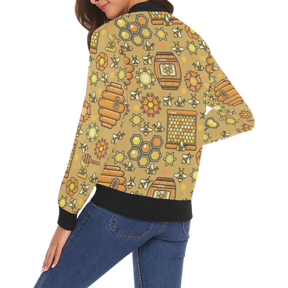 Cute Bee Honey Gifts Pattern Print Women Casual Bomber Jacket-grizzshop