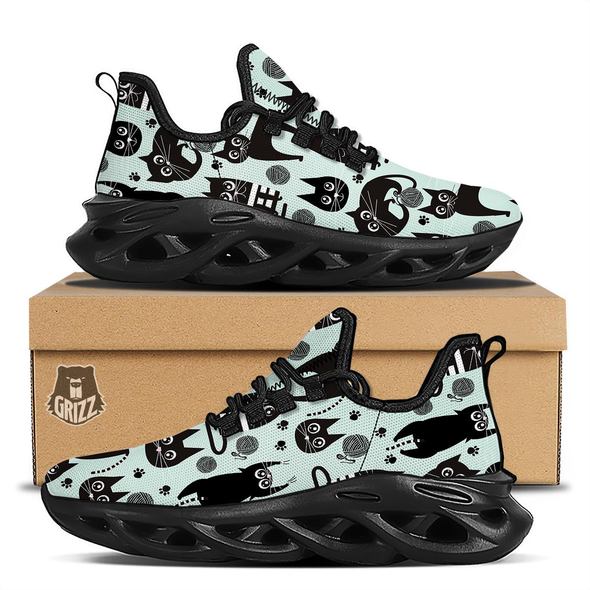 Cute Black Cat Print Black Running Shoes-grizzshop
