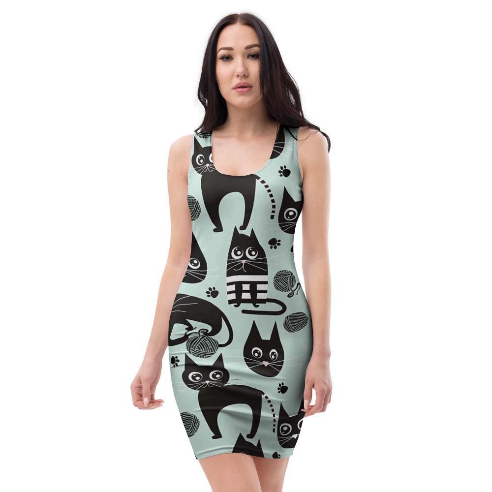 Cute Black Cat Print Bodycon Dress-grizzshop