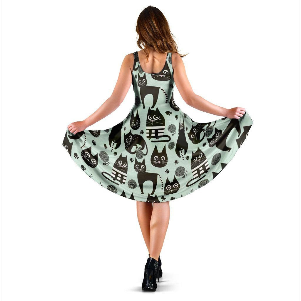 Cute Black Cat Print Dress-grizzshop