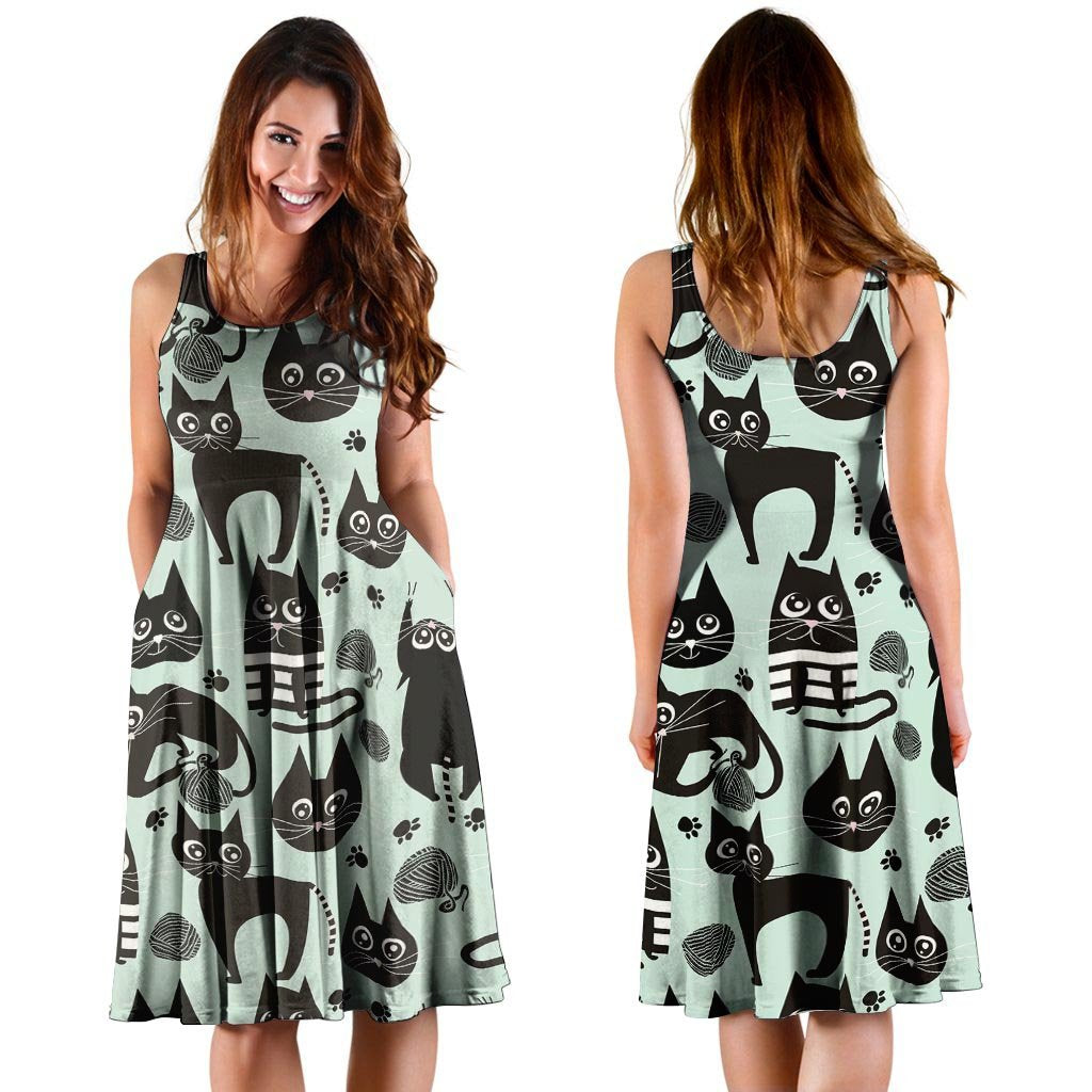 Cute Black Cat Print Dress-grizzshop