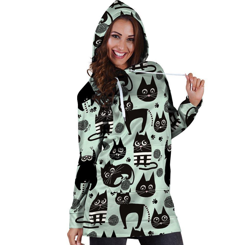 Cute Black Cat Print Hoodie Dress-grizzshop