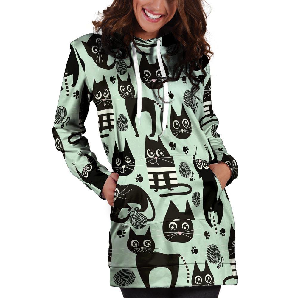 Cute Black Cat Print Hoodie Dress-grizzshop