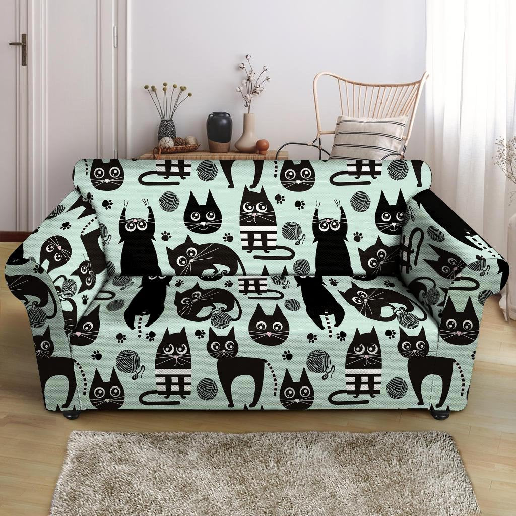 Cute Black Cat Print Loveseat Cover-grizzshop