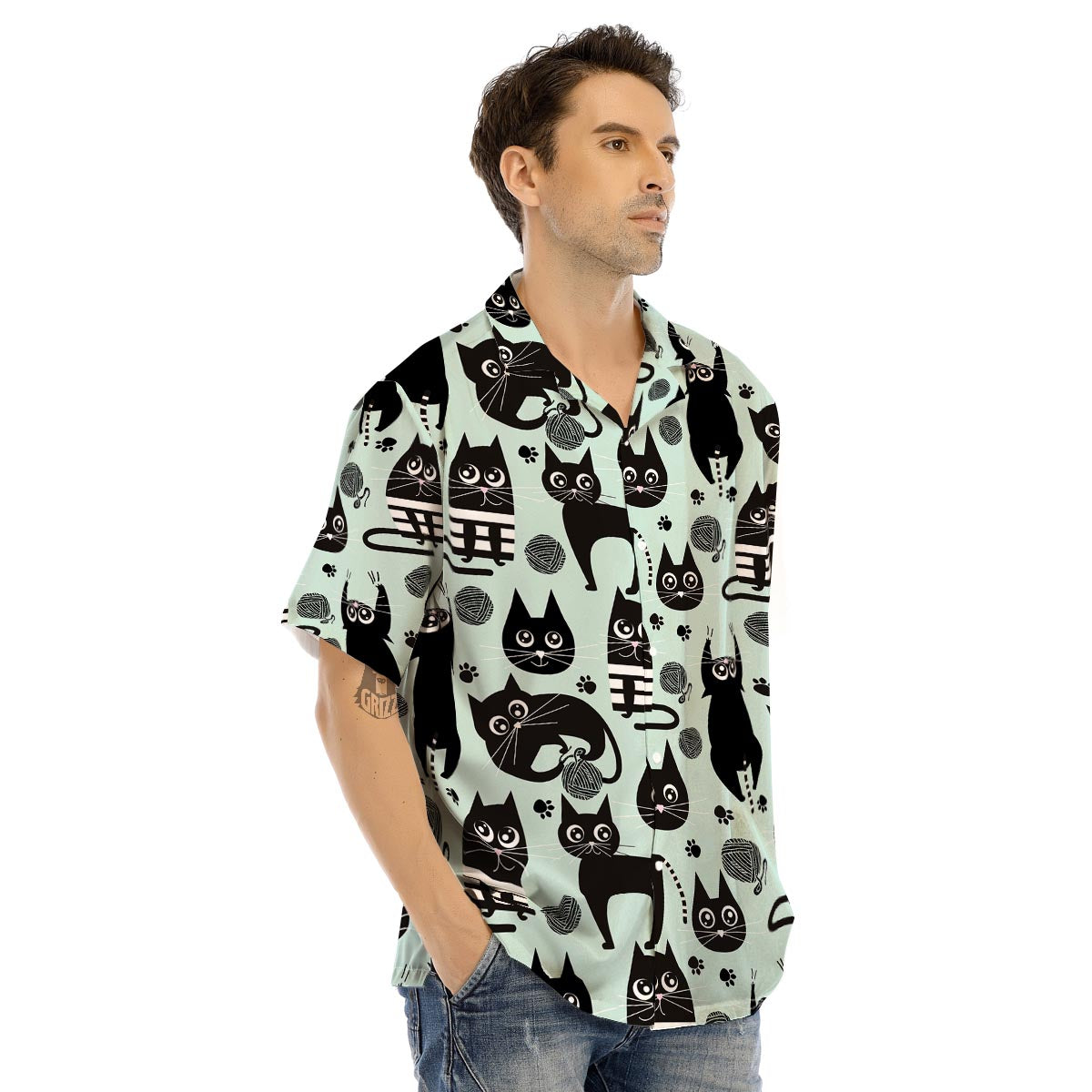 Cute Black Cat Print Men’s Hawaiian Shirt-grizzshop